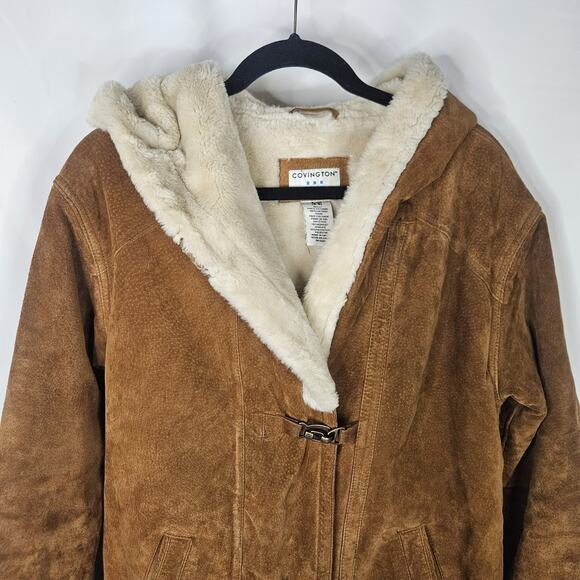 00s Covington Womens Suede Leather Shearling Lined Hooded Coat Sm Y2K - Picture 2 of 10
